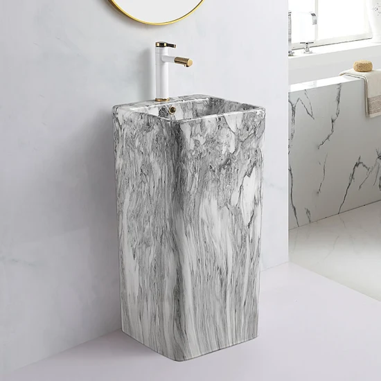 Luxury Marble Colored Pedestal Ceramic Sink Square Shape Modern Stand Single One Piece Bathroom Pedestal Basin