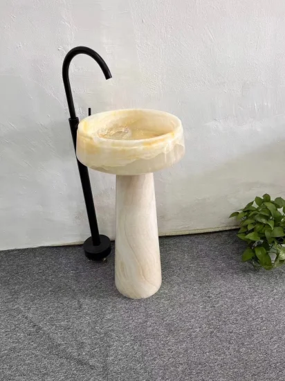 Natural Bathroom Pedestal Stone Sink Standing Marble Wash Basin